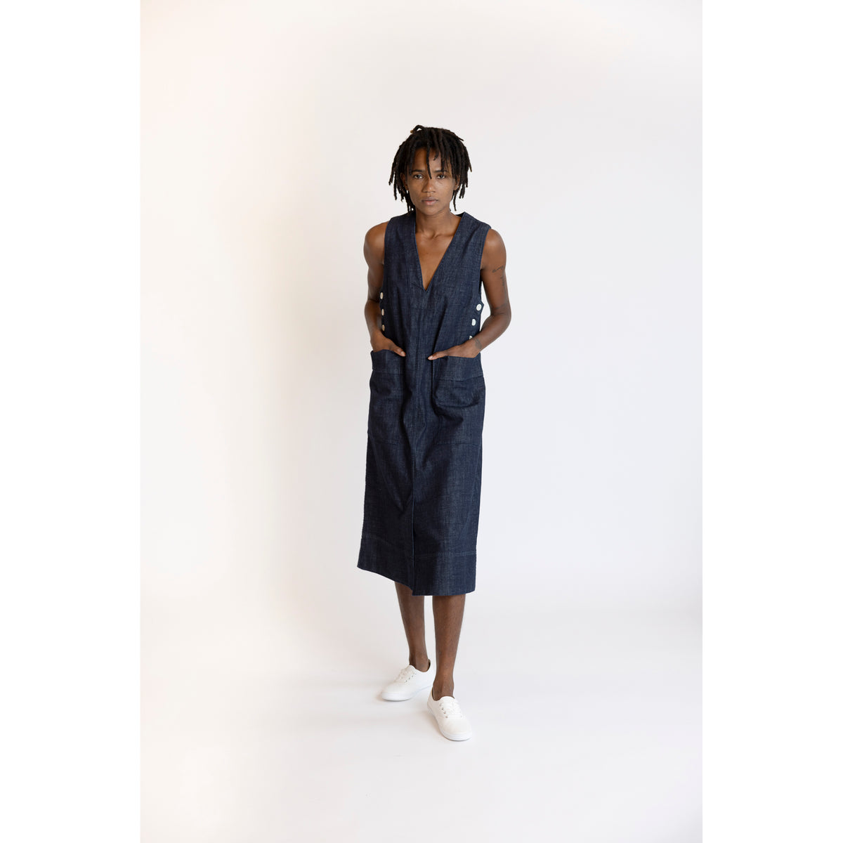 Toast Side Button Denim Pinafore Dress Indigo Clove Creek