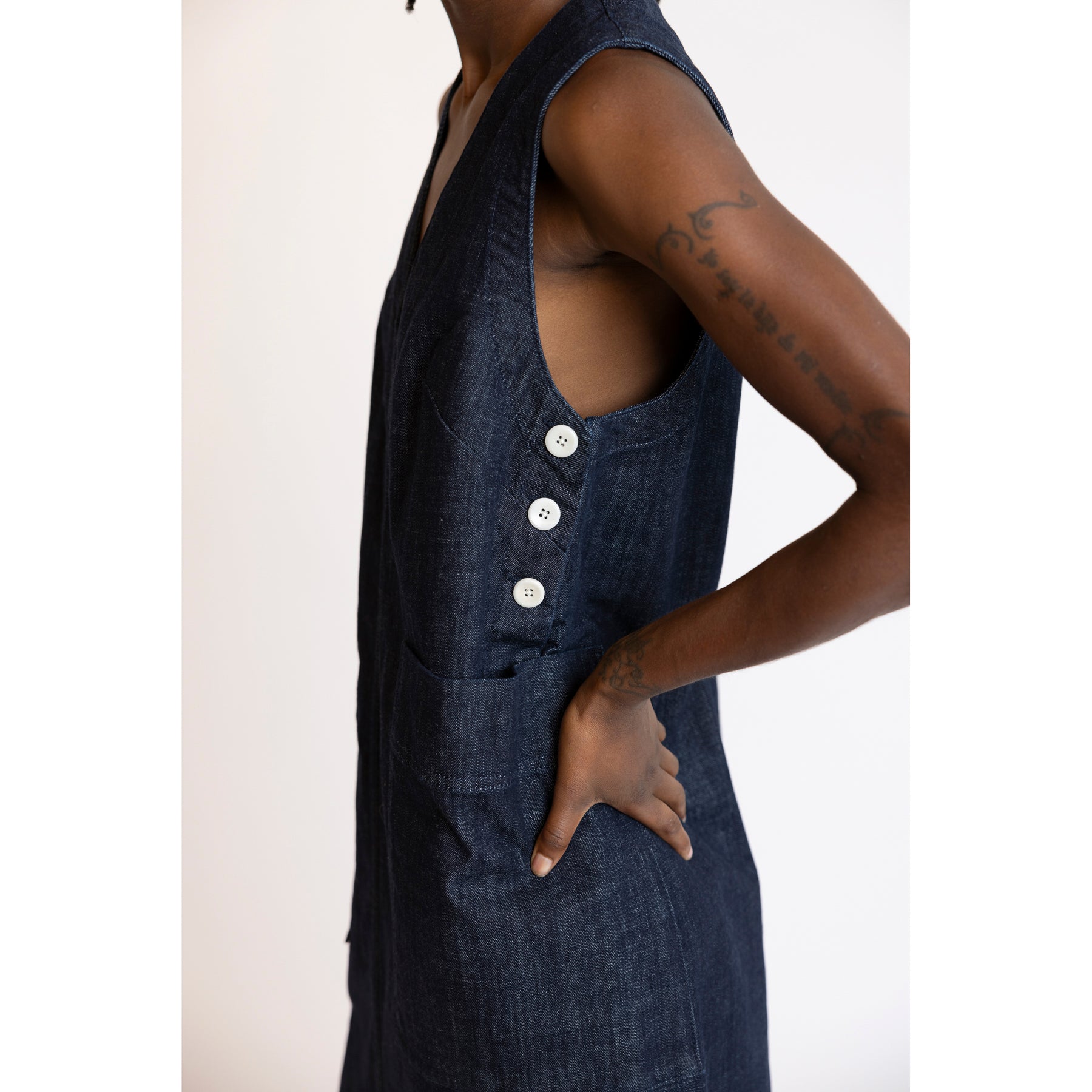 Toast Side Button Denim Pinafore Dress  Indigo