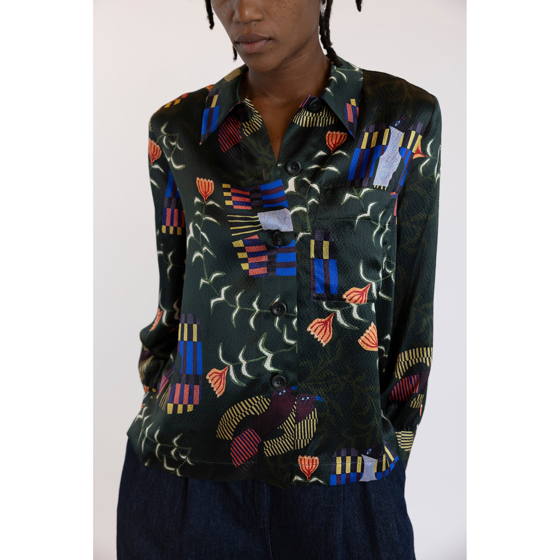 Toast Isobel Harvey Birds Print Silk Shirt  Oil Green