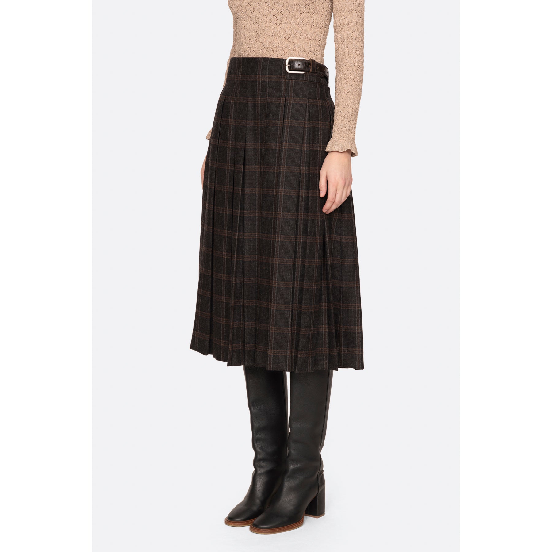Sea New York Monroe Wool Plaid Belted Pleat Skirt