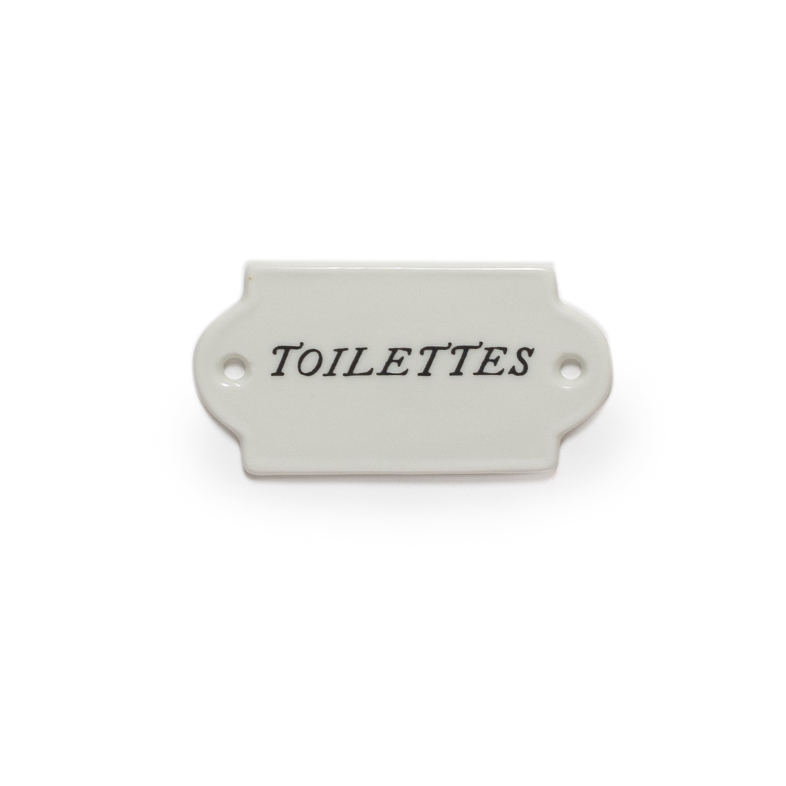 Rectangular white sign with 'TOILETTES' text on a white background