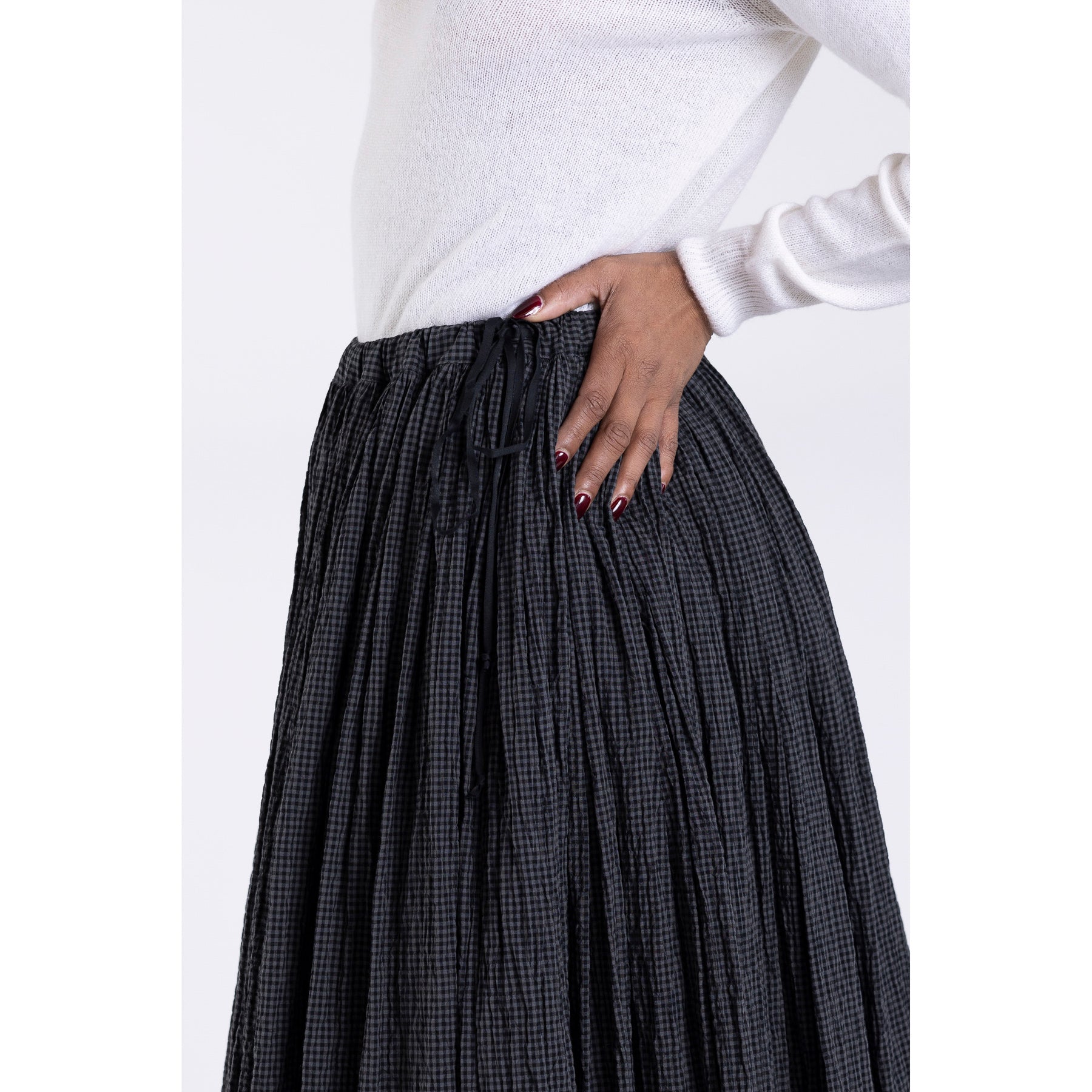 Apuntob Crinkle Micro Vichy Cotton Drawstring Full Skirt Asphalt Grey Black