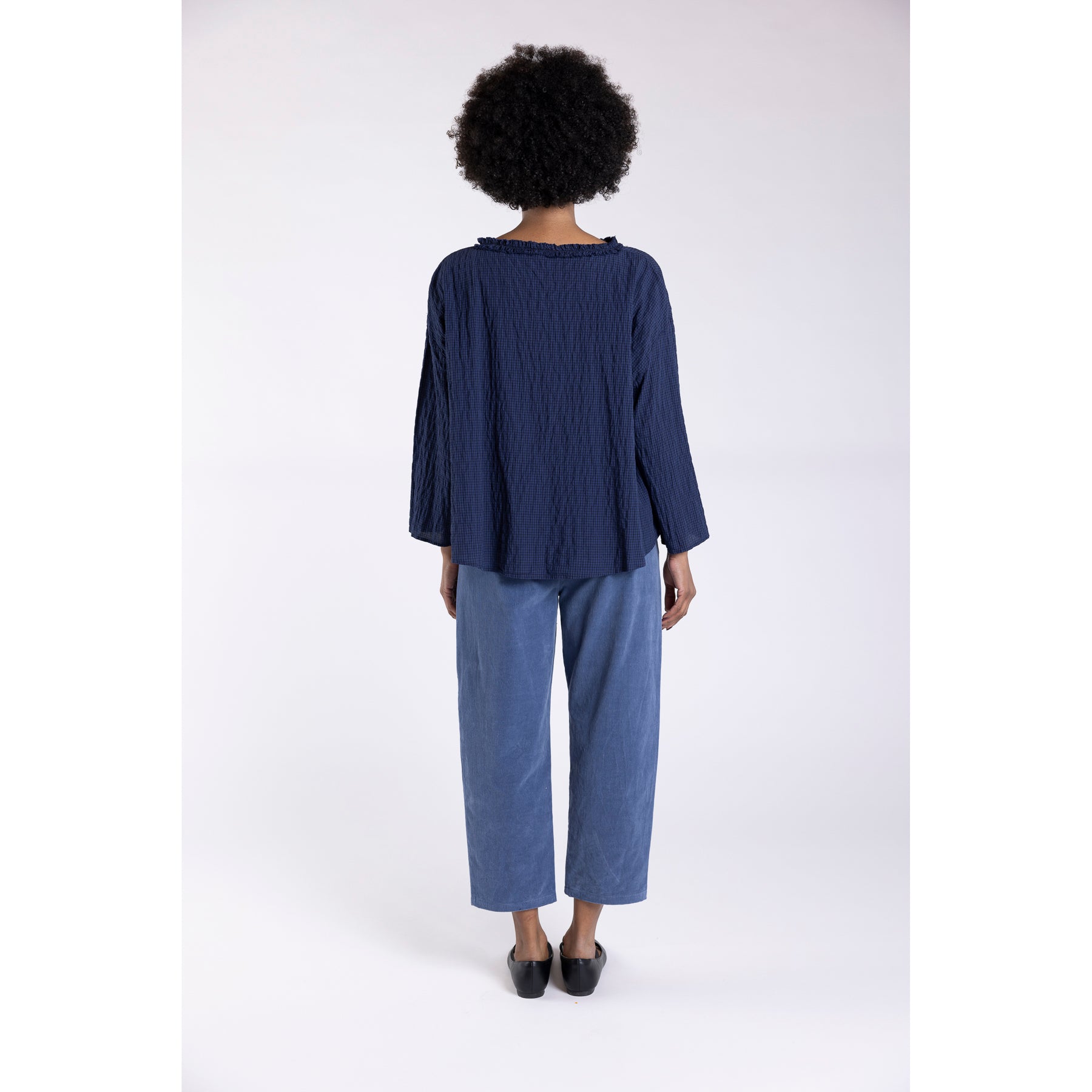 Apuntob Crinkle Micro Vichy Long Sleeve Top With Rouched Neckline Blue Night