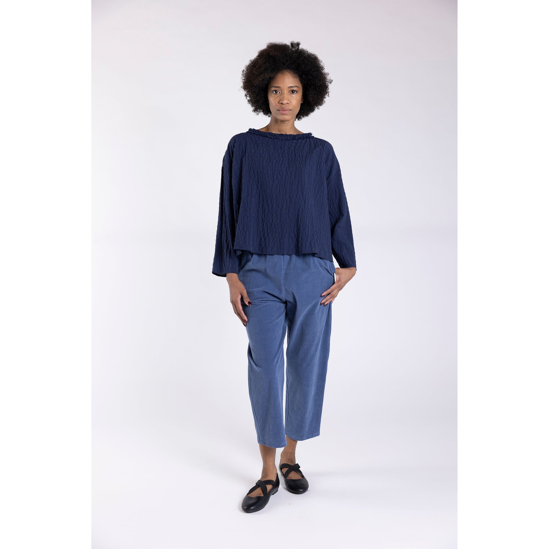 Apuntob Crinkle Micro Vichy Long Sleeve Top With Rouched Neckline Blue Night