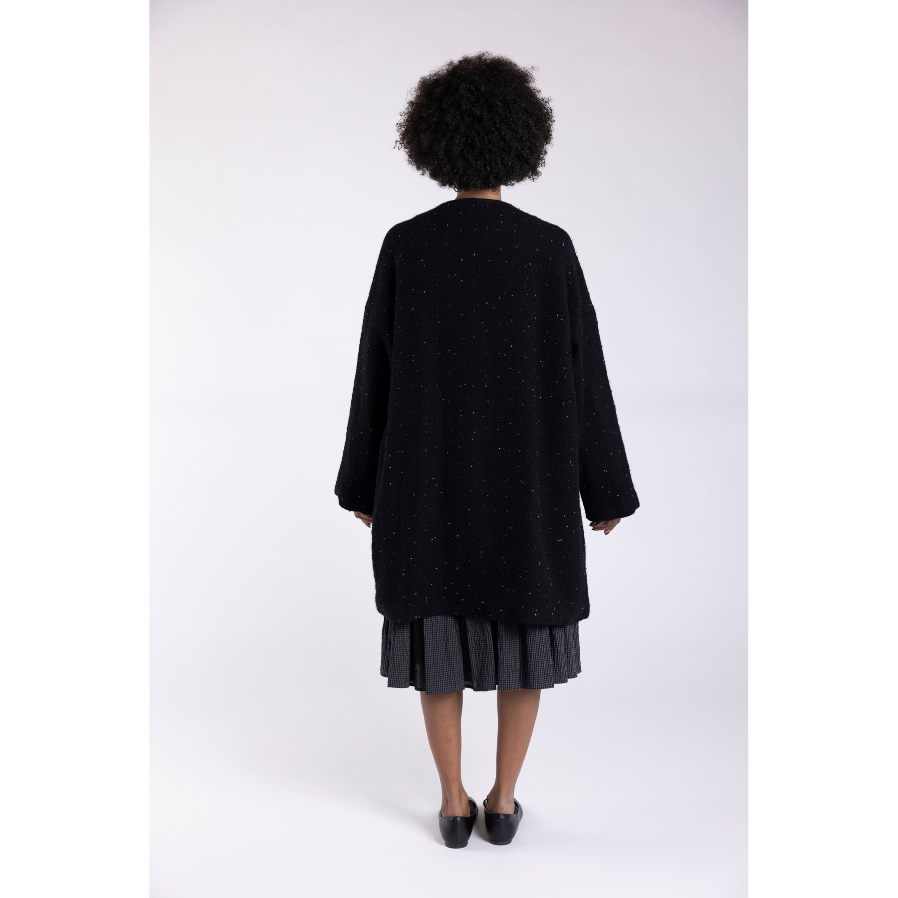 Apuntob Wool Tweed Drop Shoulder Collarless Coat Black