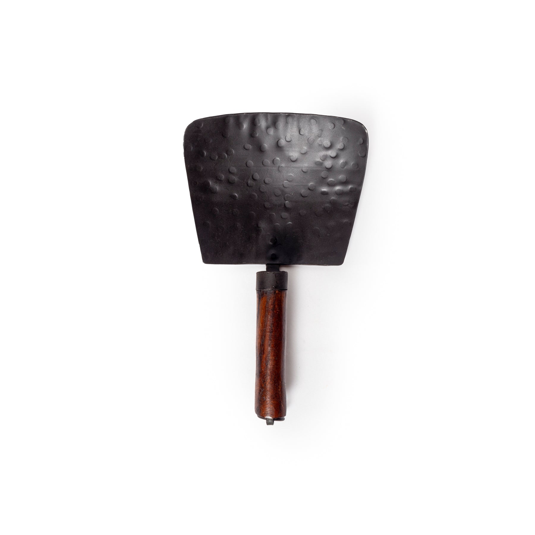 Black metal scoop with wooden handle on a white background