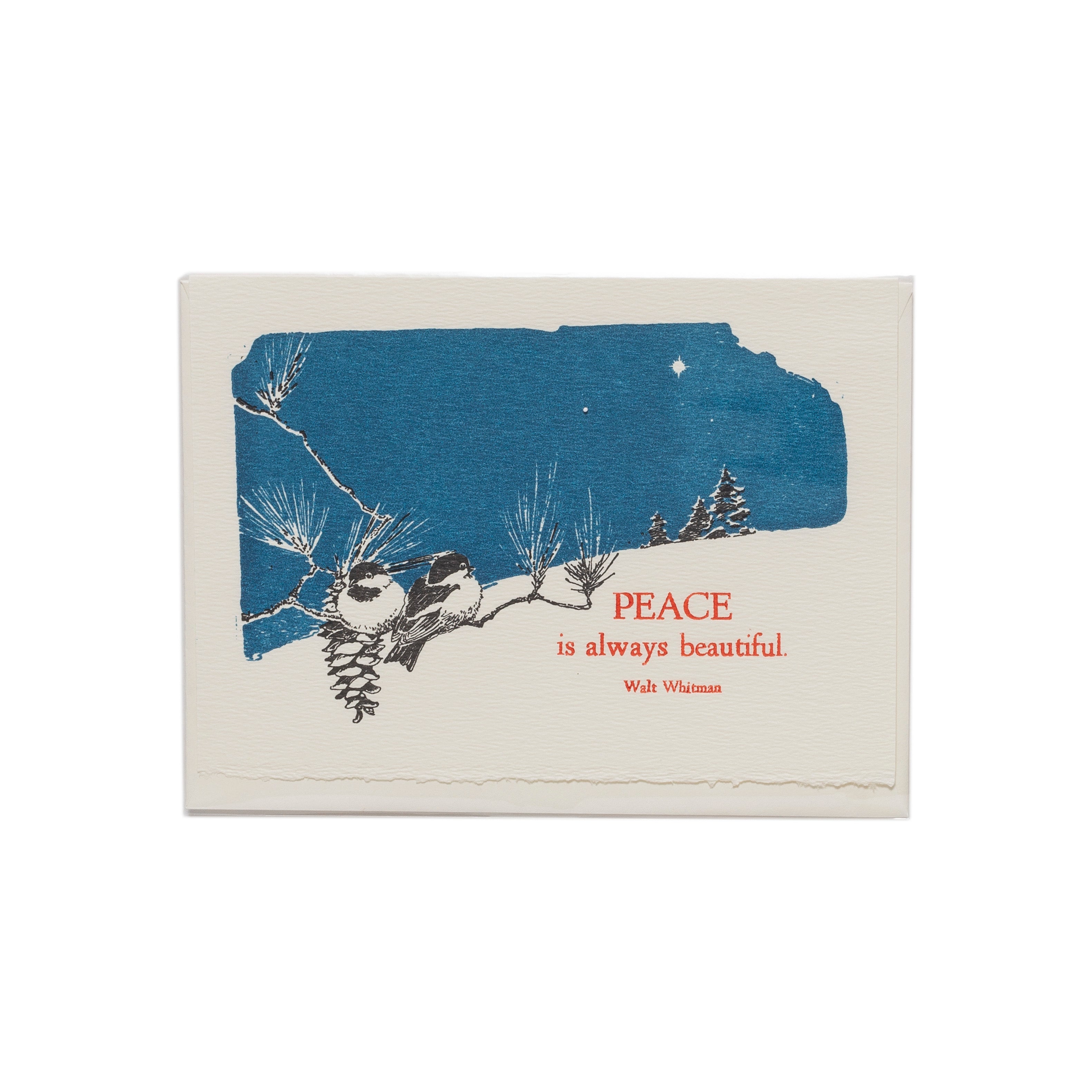 Card with winter scene, birds, pinecones, and 'Peace is always beautiful' text on a white background
