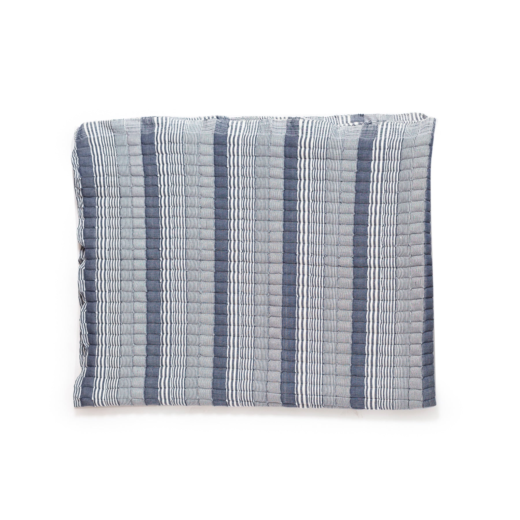 Striped quilt with blue and gray pattern on a white background