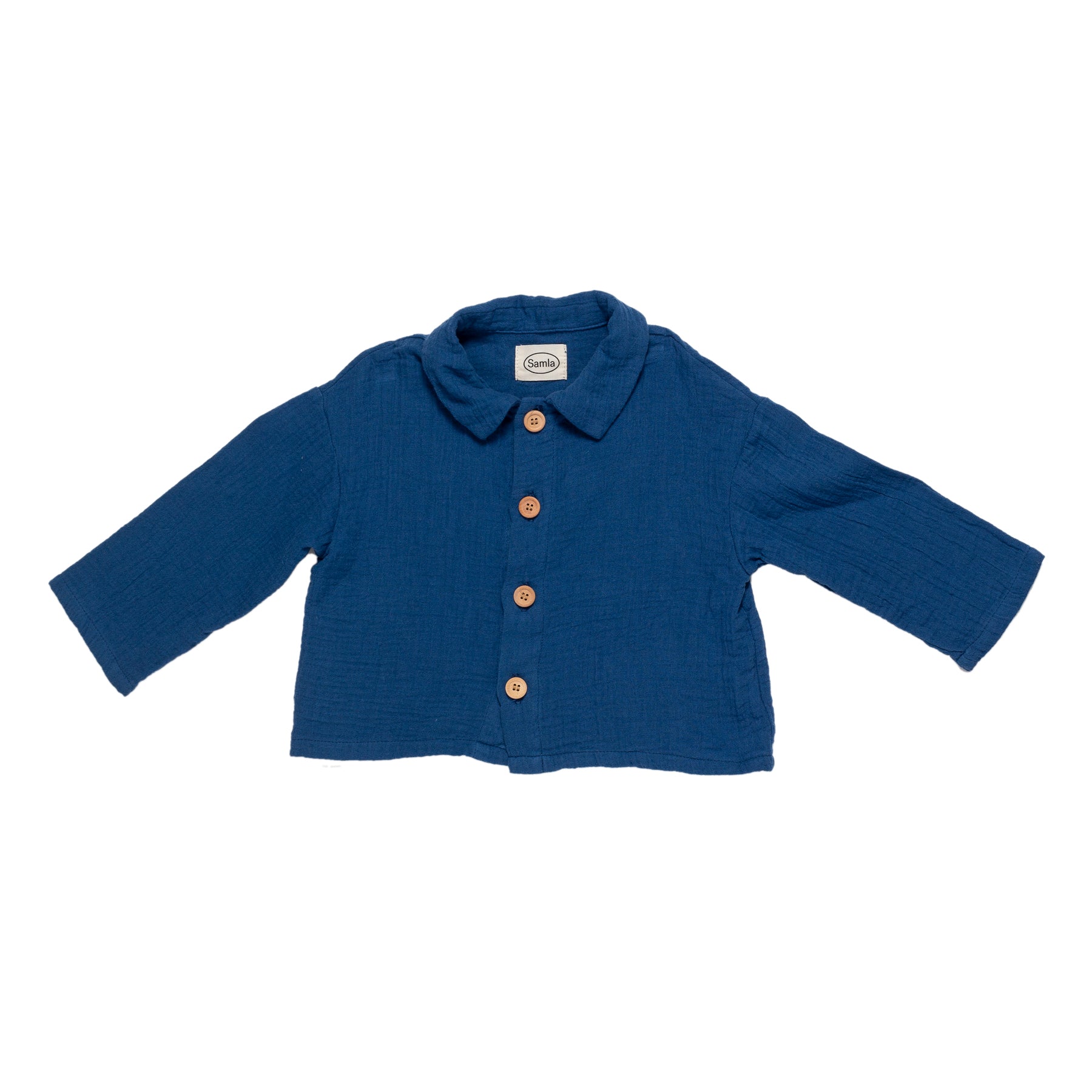 Blue children's jacket with button details on a white background