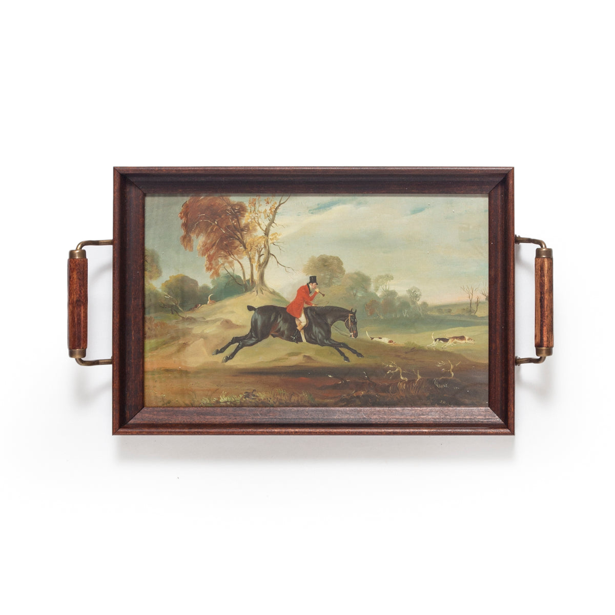Fox Hunter and Hounds Wood and Glass Decorative Tray