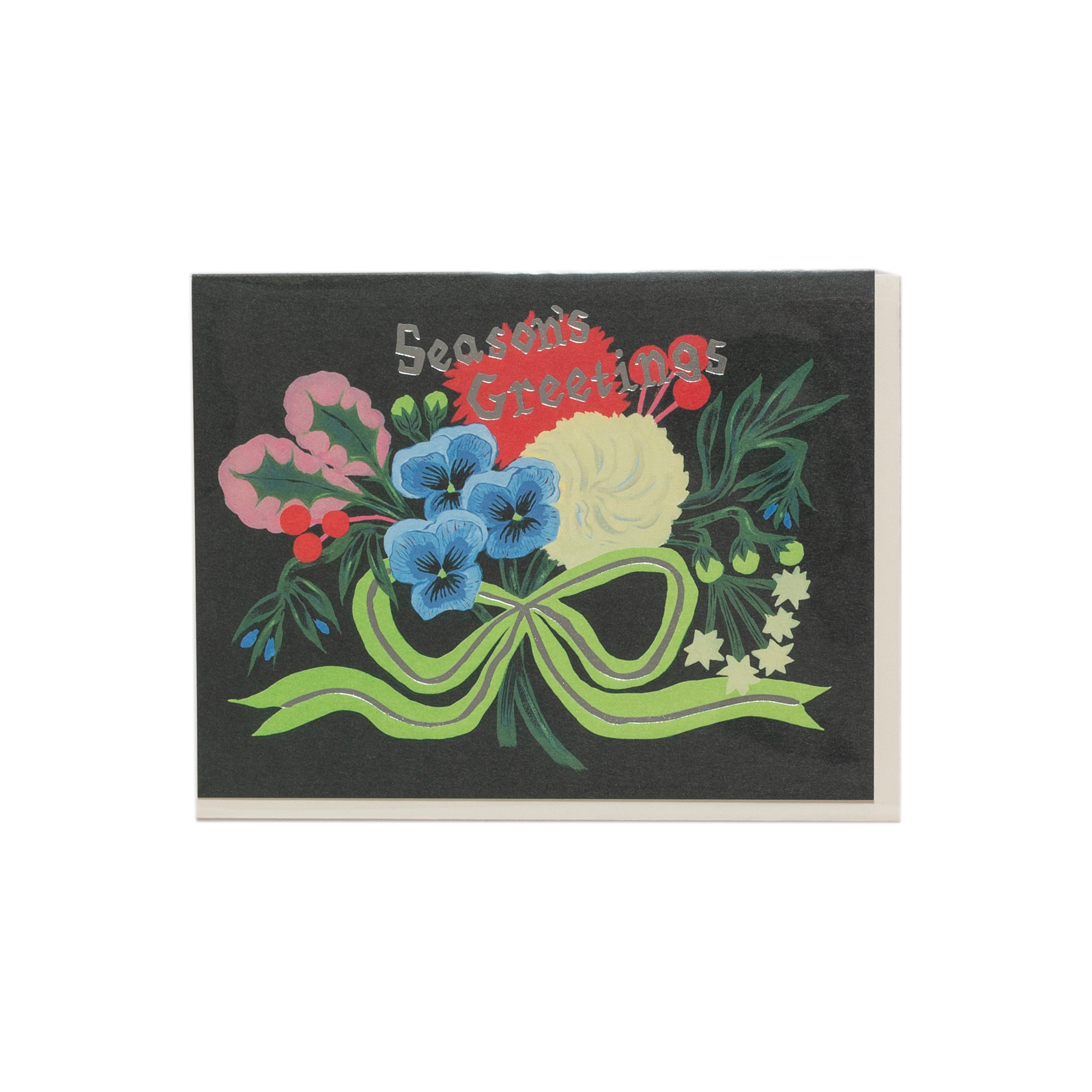 Greeting card with floral design and 'Season's Greetings' text on a black background
