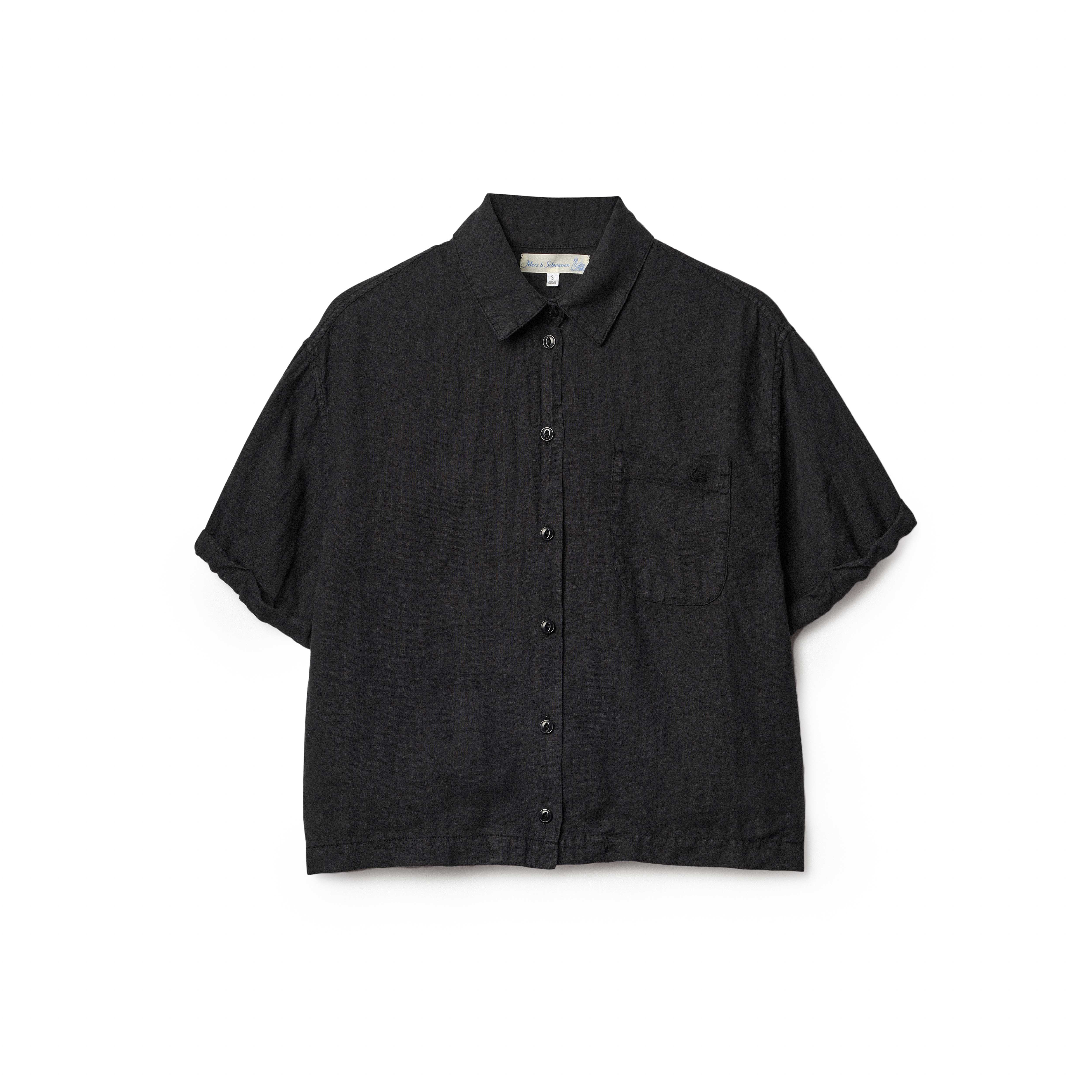 black linen dress shirt Merz b. Schwanen Black Linen Bowling Shirt