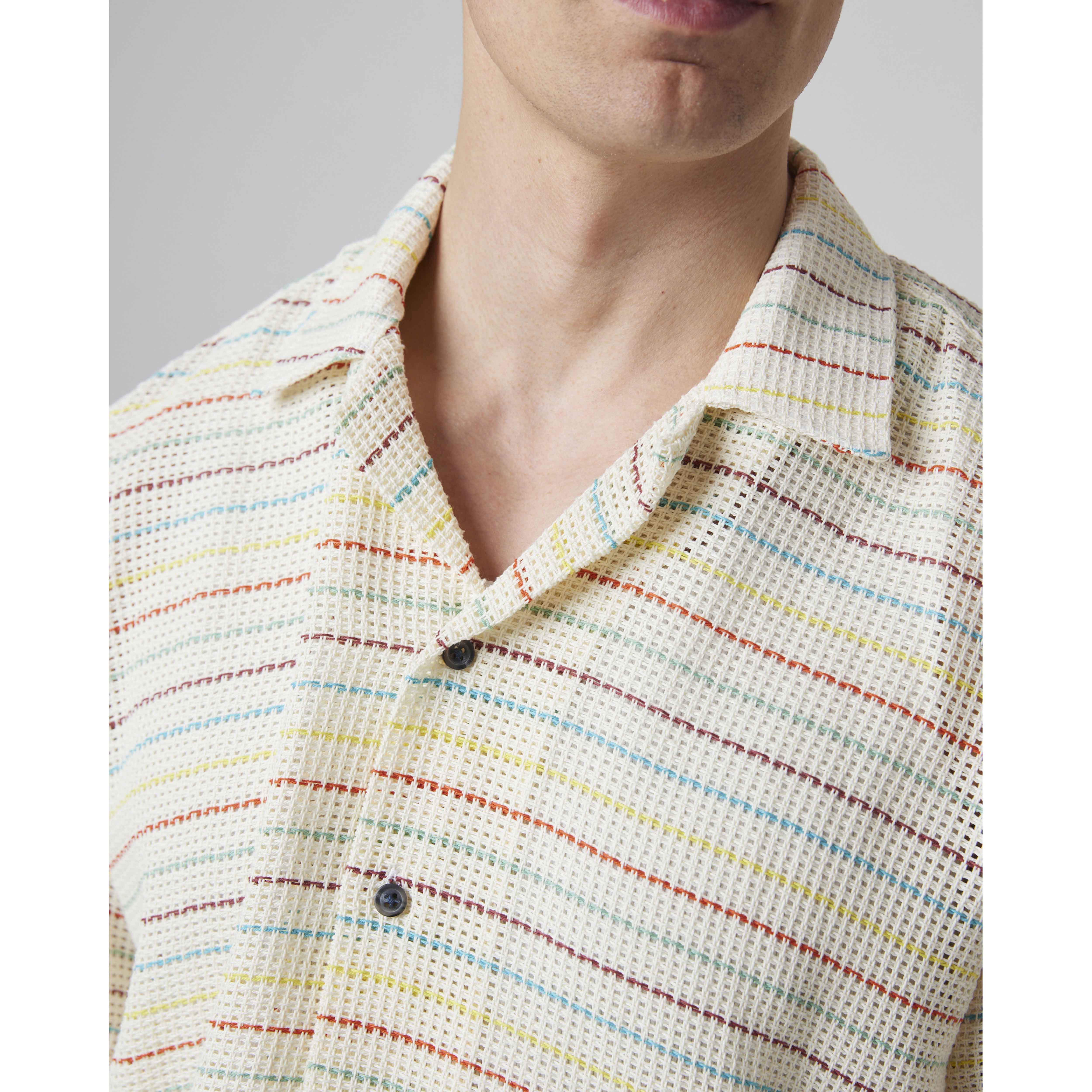 Peregrine Quay Cuban Collar Shirt in Sunset Stripe