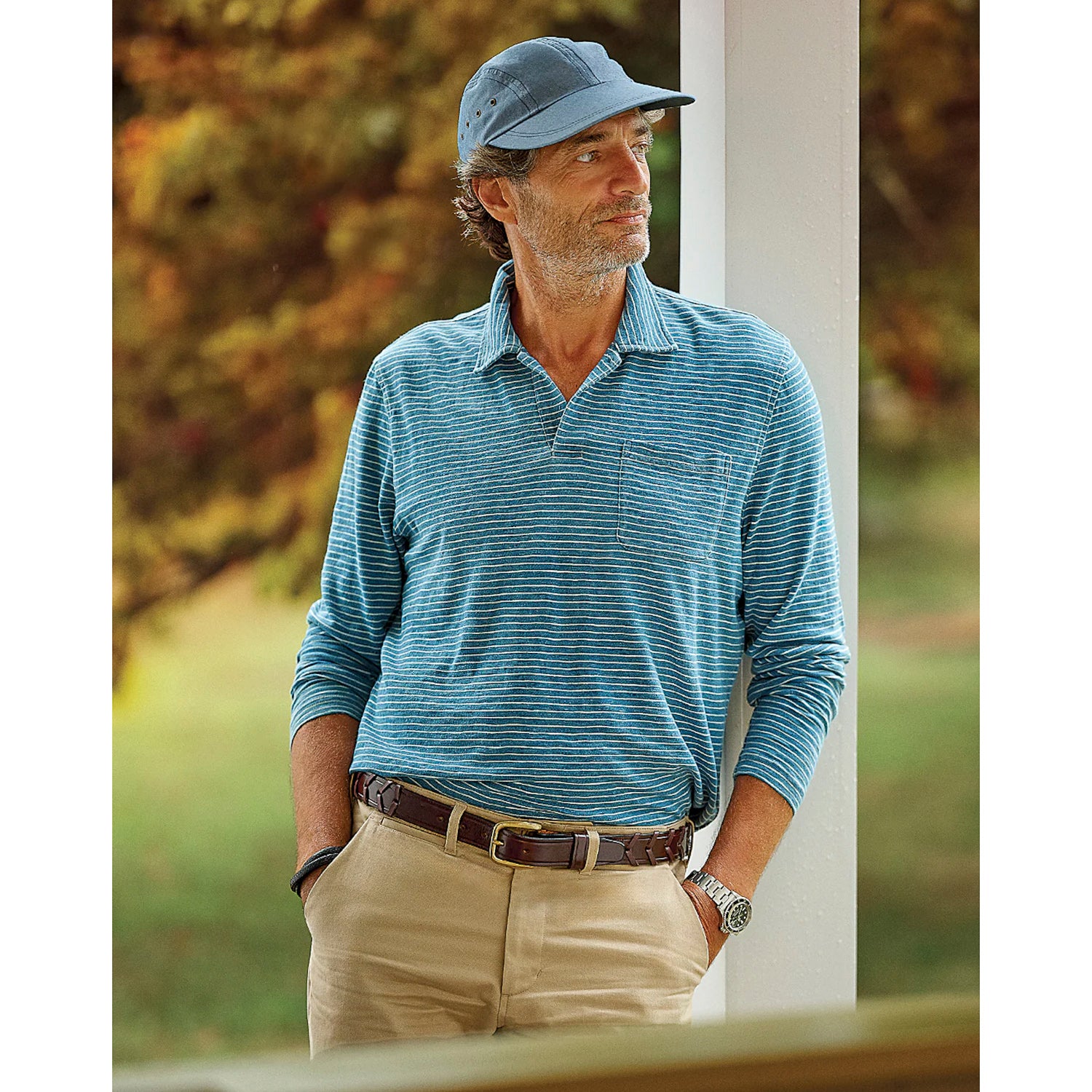 Quaker Marine Supply Long Sleeve Indigo Polo in Blue White Slub Stripe