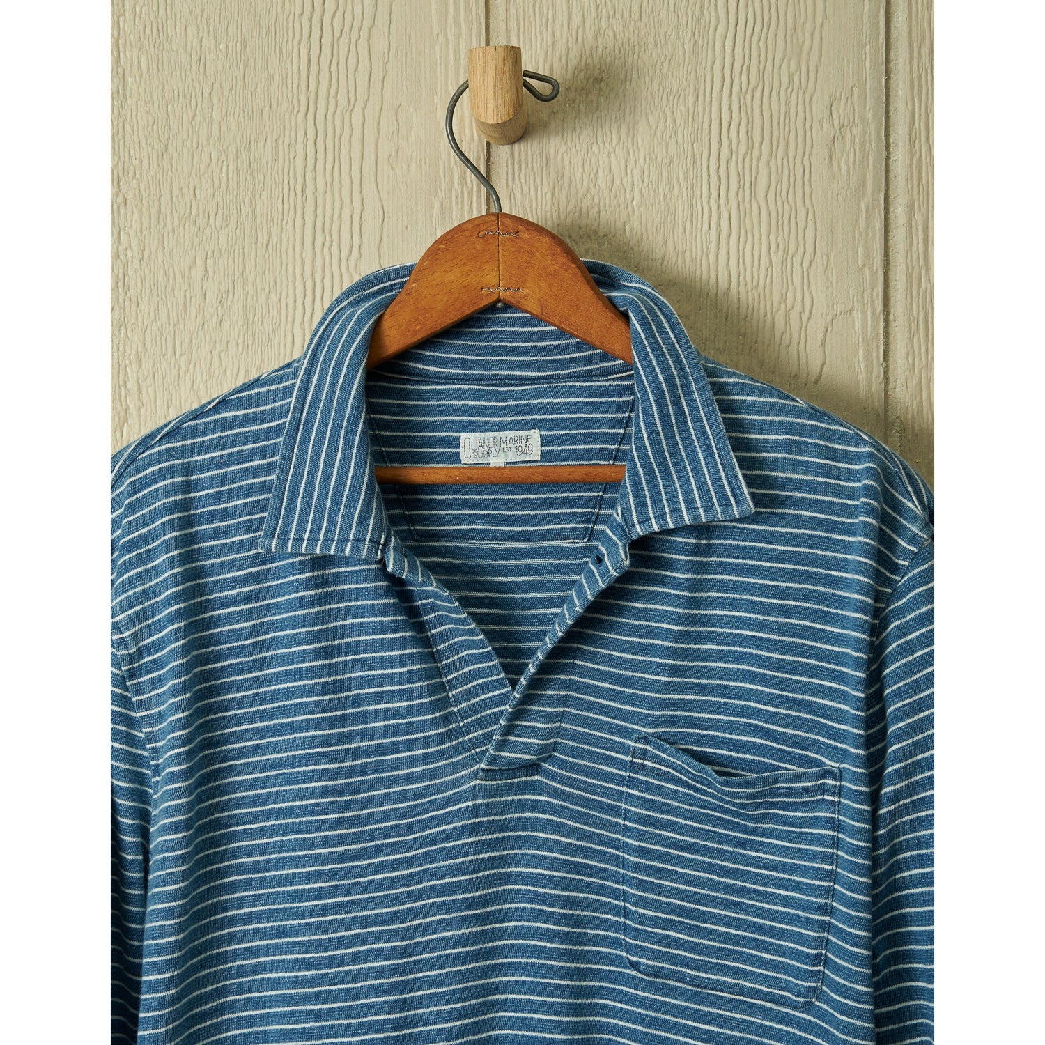 Quaker Marine Supply Long Sleeve Indigo Polo in Blue White Slub Stripe