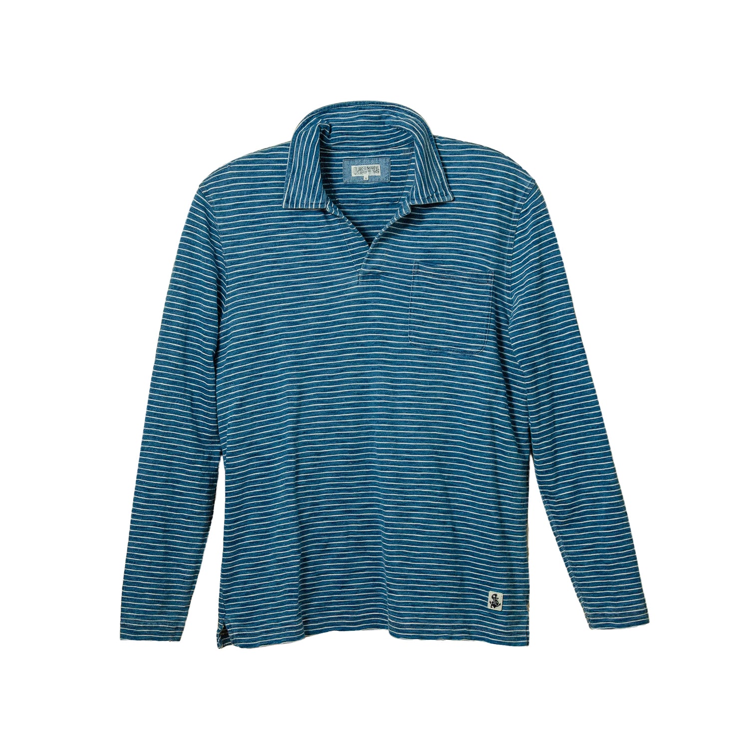 Quaker Marine Supply Long Sleeve Indigo Polo in Blue White Slub Stripe