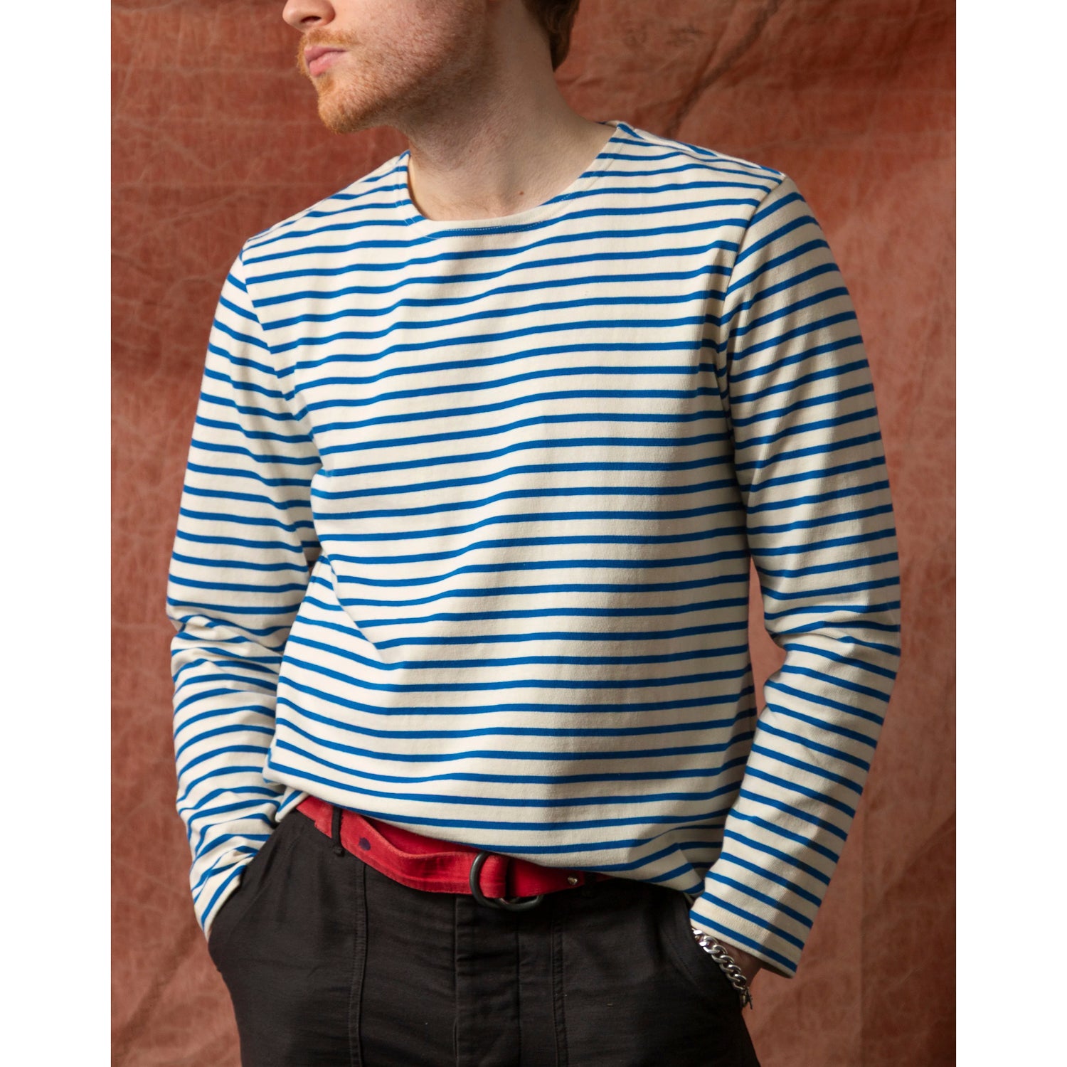 Quaker Marine Supply Men’s Breton Stripe Boatneck Tee in Off White and Atlantic Blue