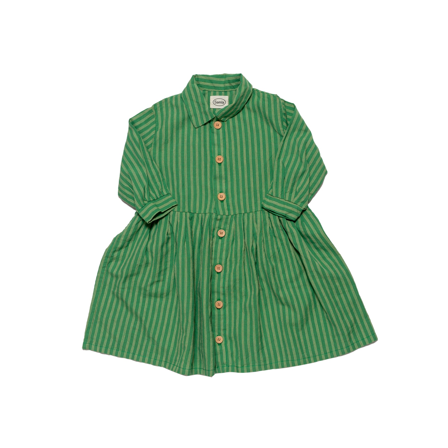 Samla Long Sleeve Toddler Dress in Green Ticking
