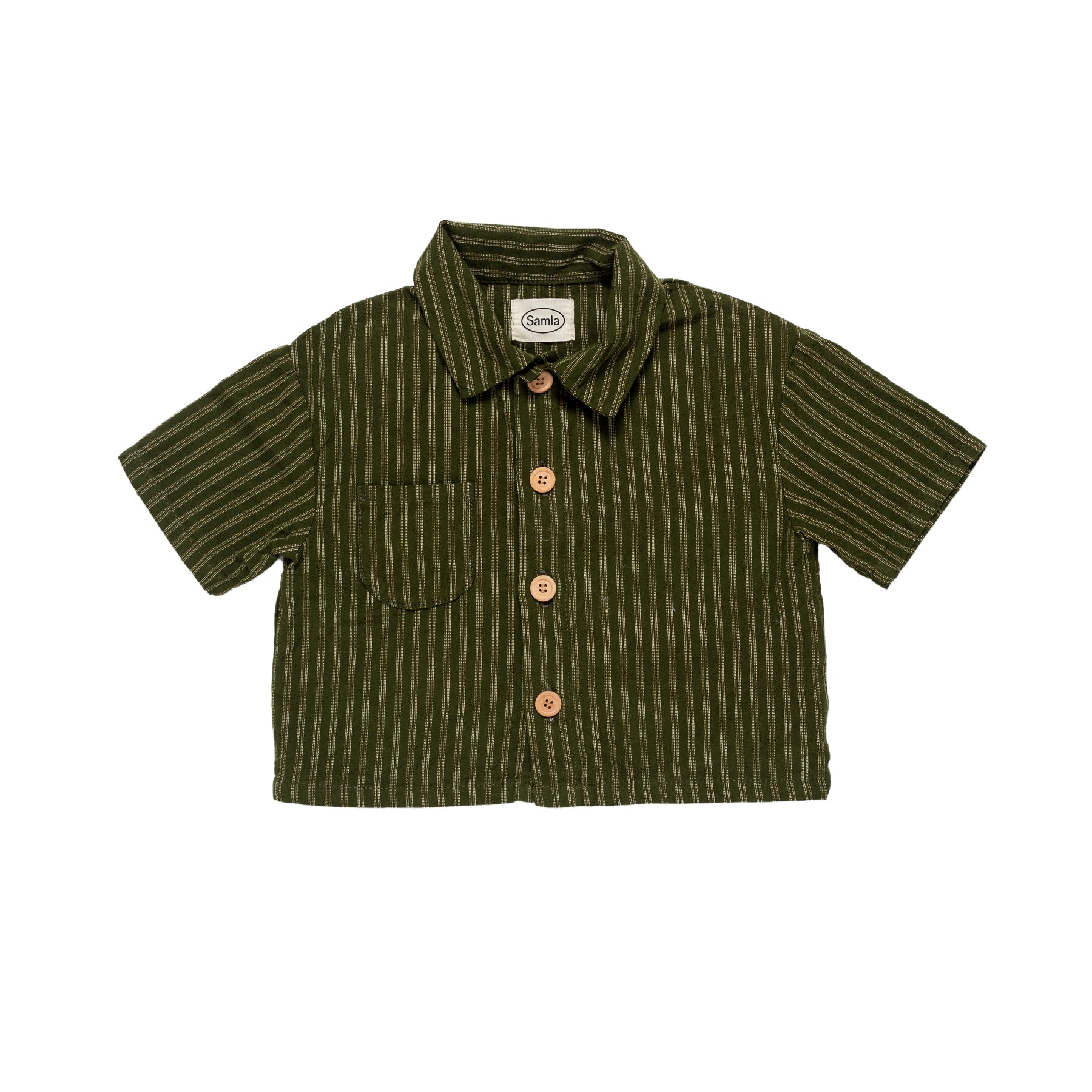 Green striped shirt with buttons on a white background
