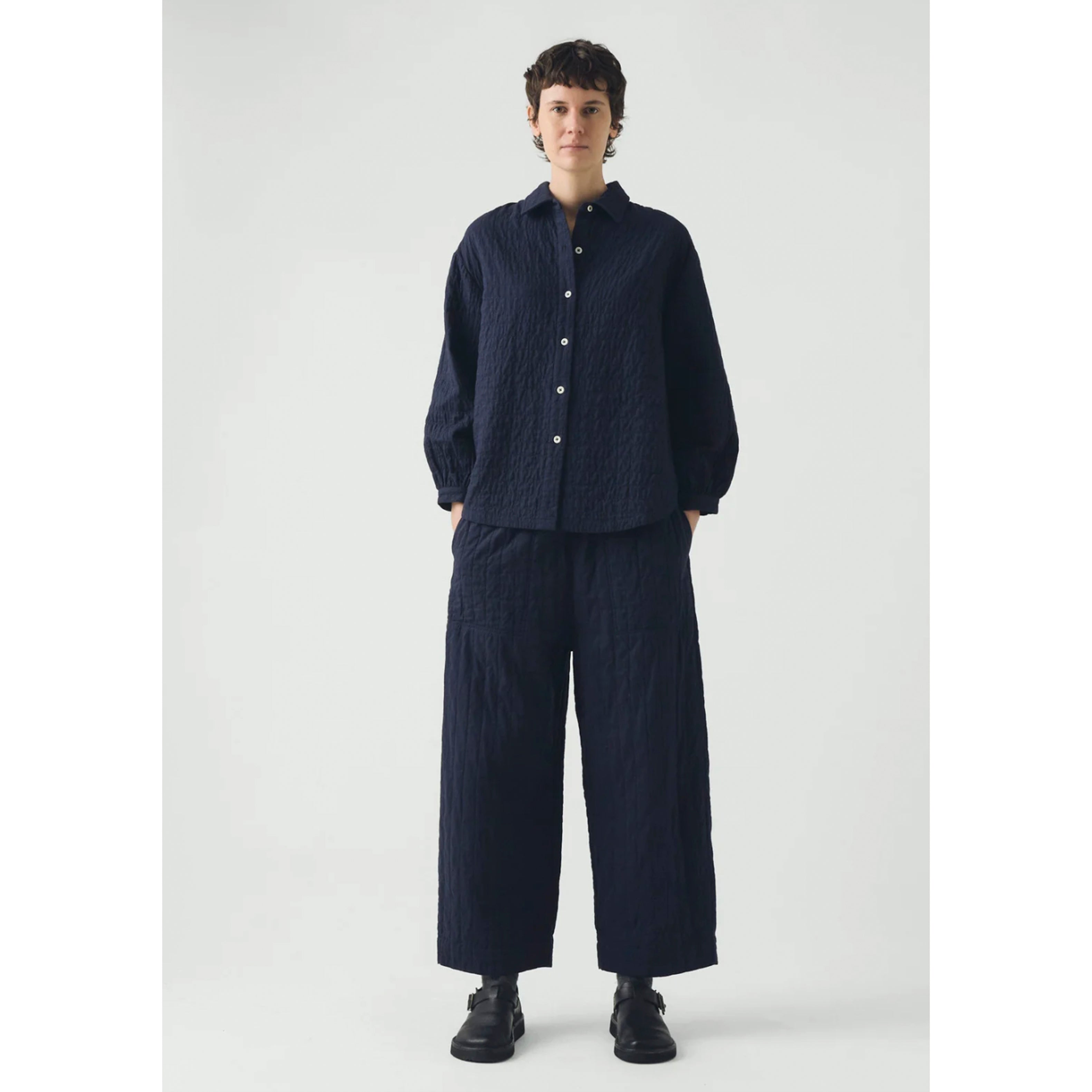 Toast Quilted Cotton Barrel Leg Trousers Indigo