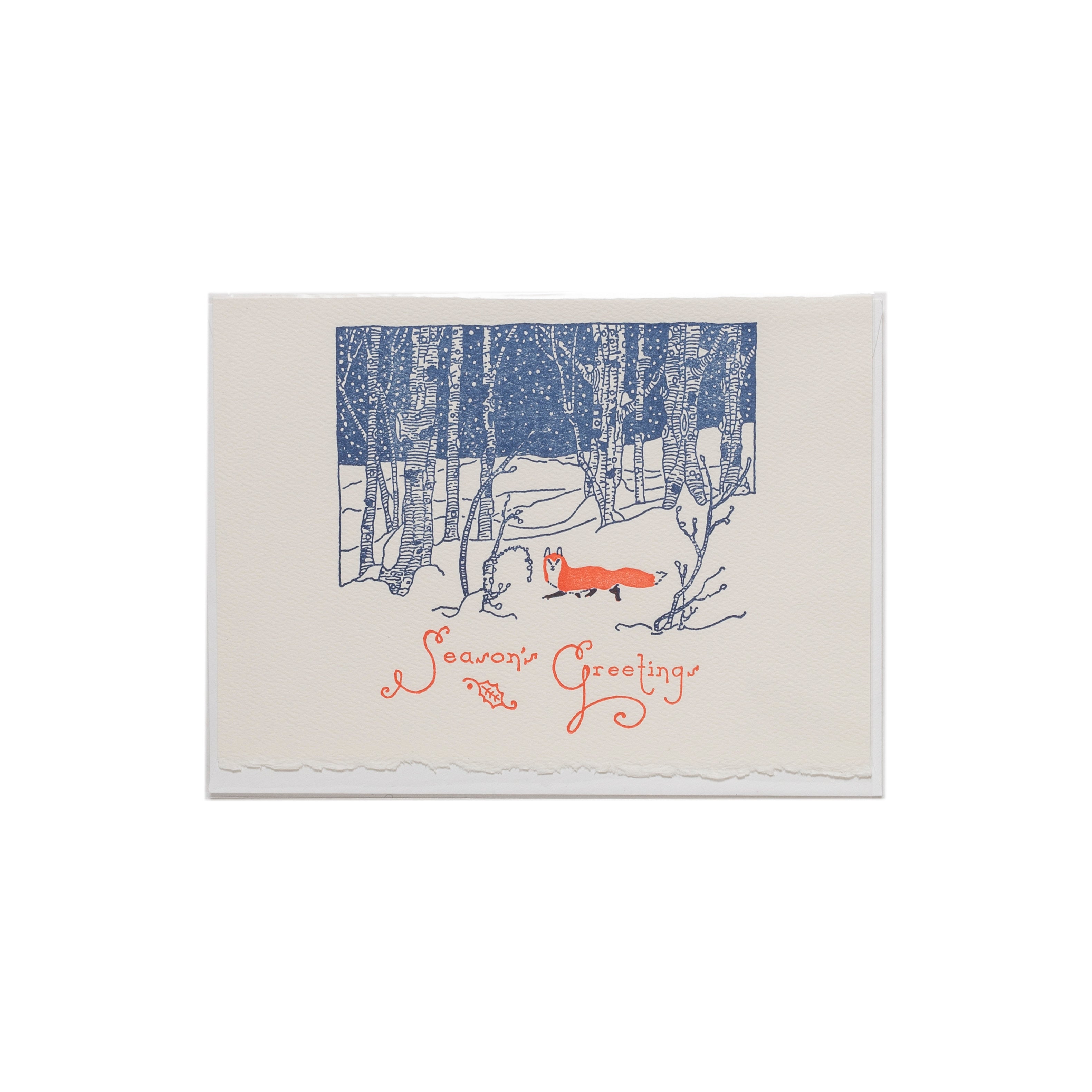 Greeting card with winter scene and fox illustration on a white background
