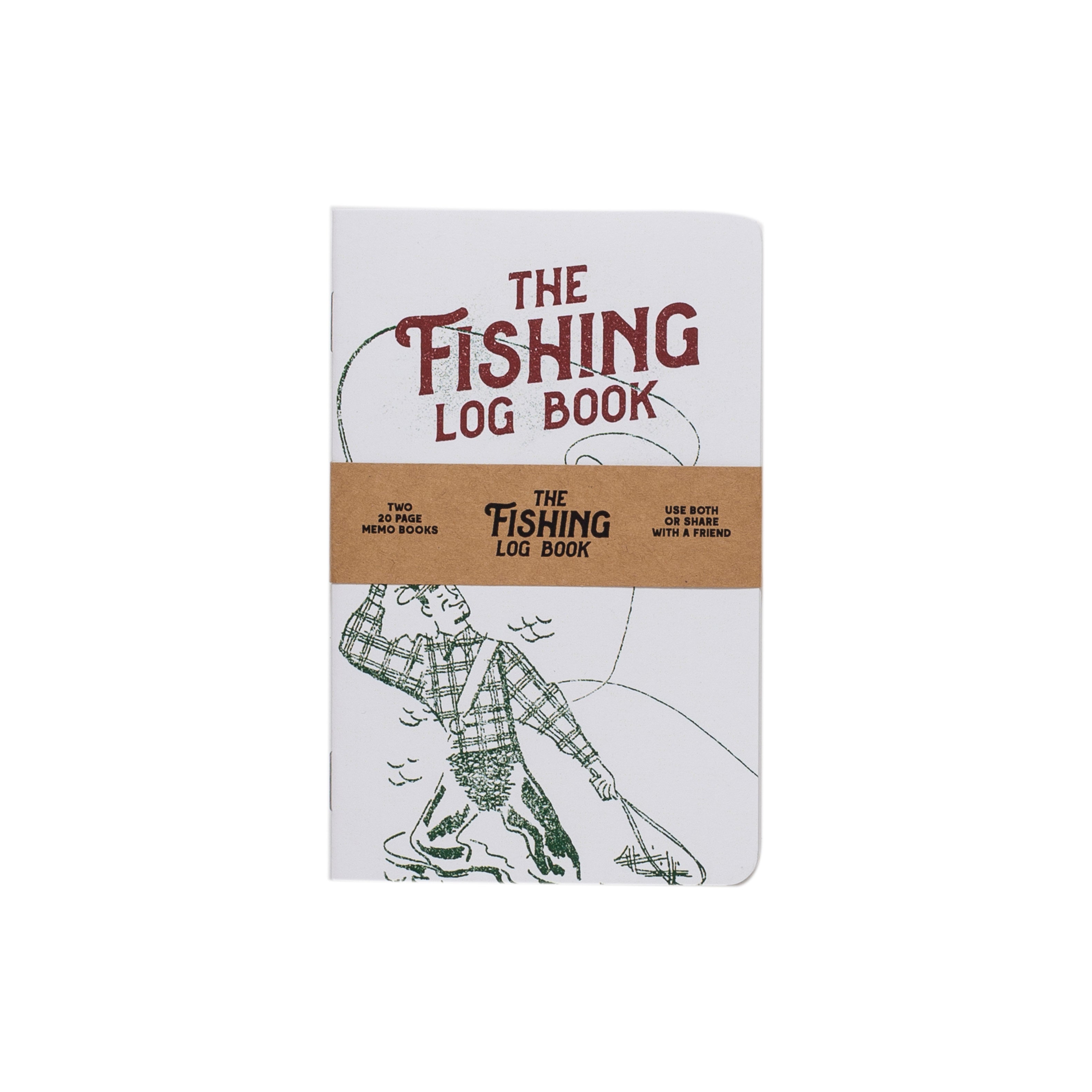 Fishing log book with a white cover and brown band on a white background