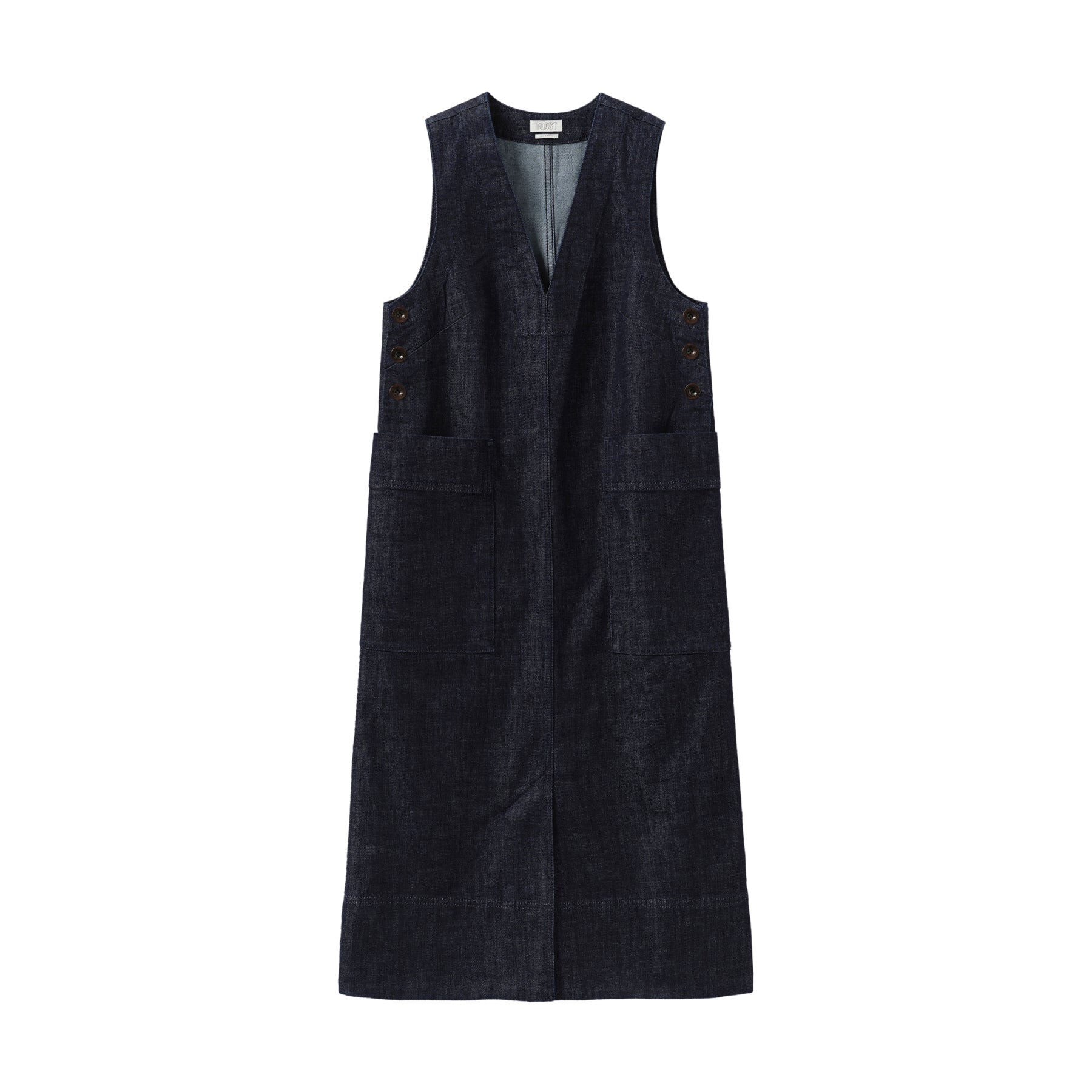 Toast Side Button Denim Pinafore Dress  Indigo