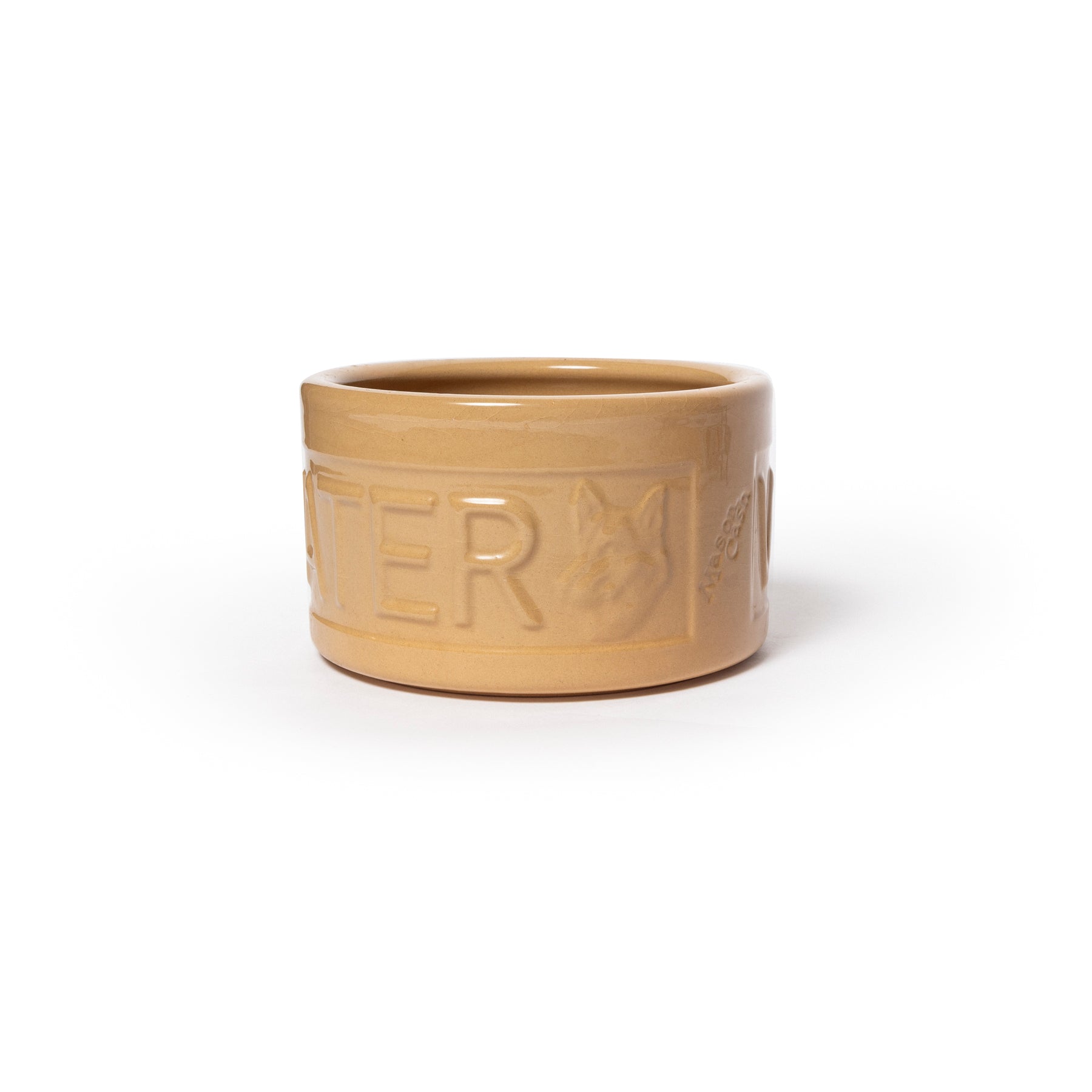 Beige ceramic container with embossed text on a white background
