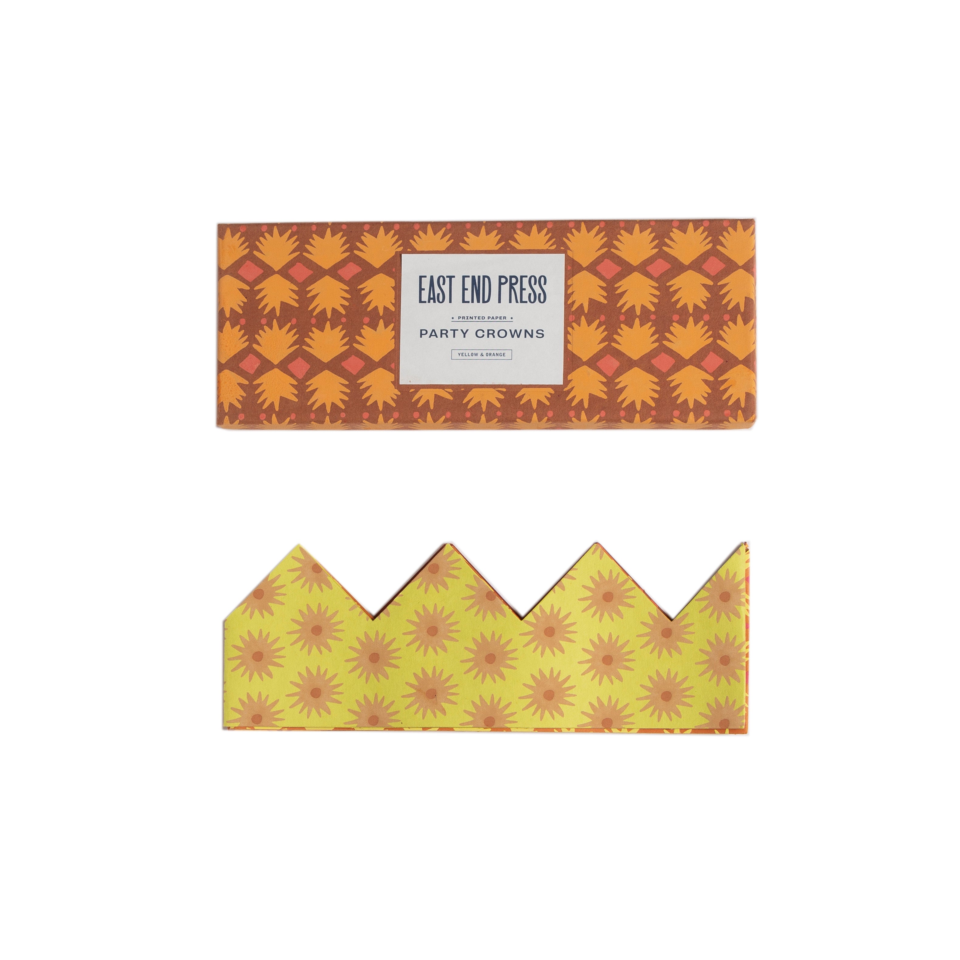 Party crown packaging with 'East End Press' label on a white background