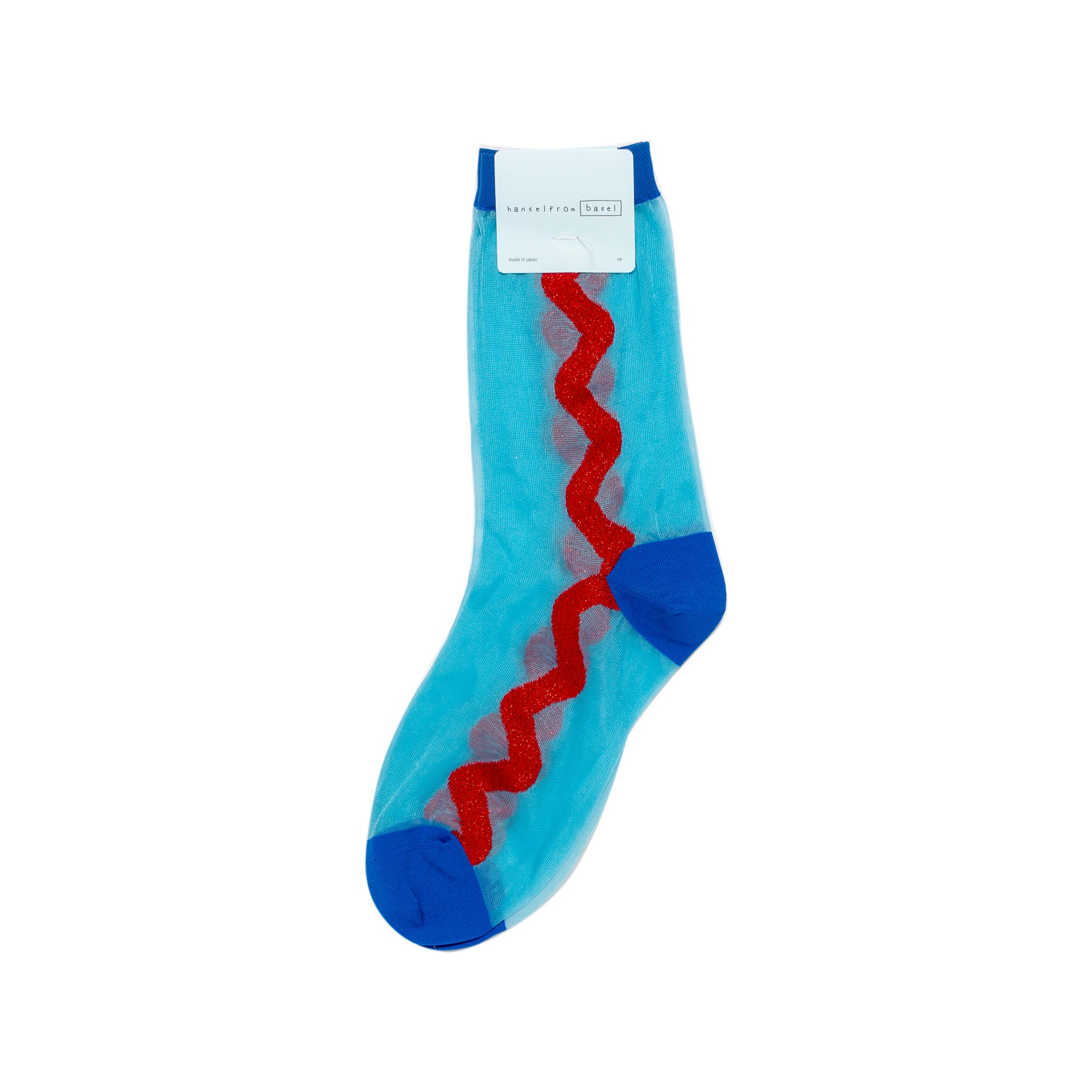 Light blue sock with red zigzag pattern and blue accents on a white background