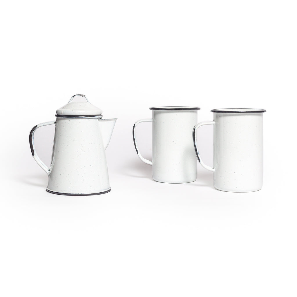Small White Enamel Kettle with mugs