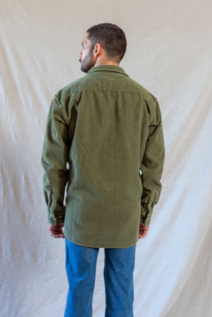 Armor Lux Corduroy Overshirt in Green on model, back