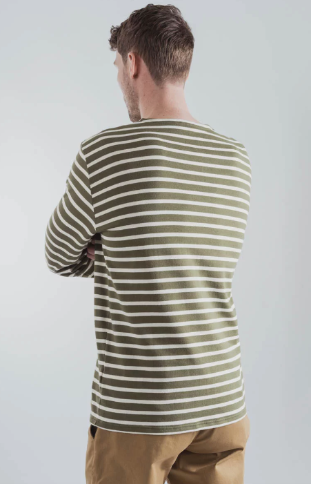 Armor Lux Breton Green Striped Shirt on model, back